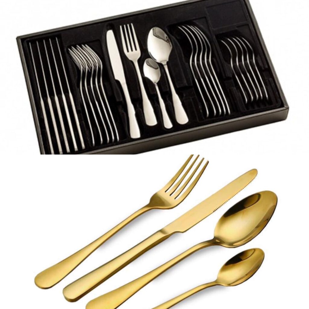 סט סכו”ם מהודר 24 חלקים מנירוסטה איכותית בציפוי זהב או כסף